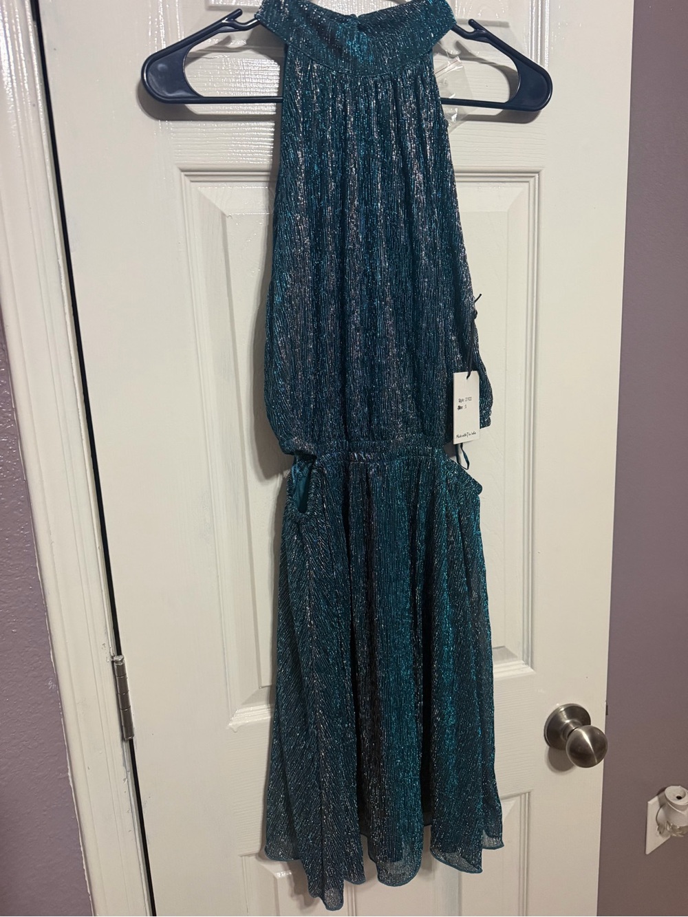 Japna Teal Metallic Halter Mini Dress